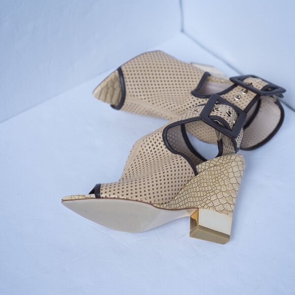 Glossi Perforated Leather Ankle Buckle Wedge Peep Toe Sandals - Picture 5 of 10